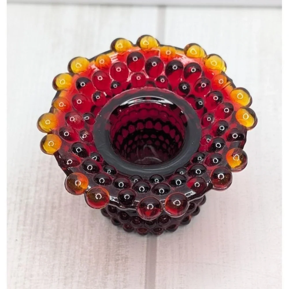 Amberina Hobnail Fenton Glass Candle Holder – Glows Under Black Light